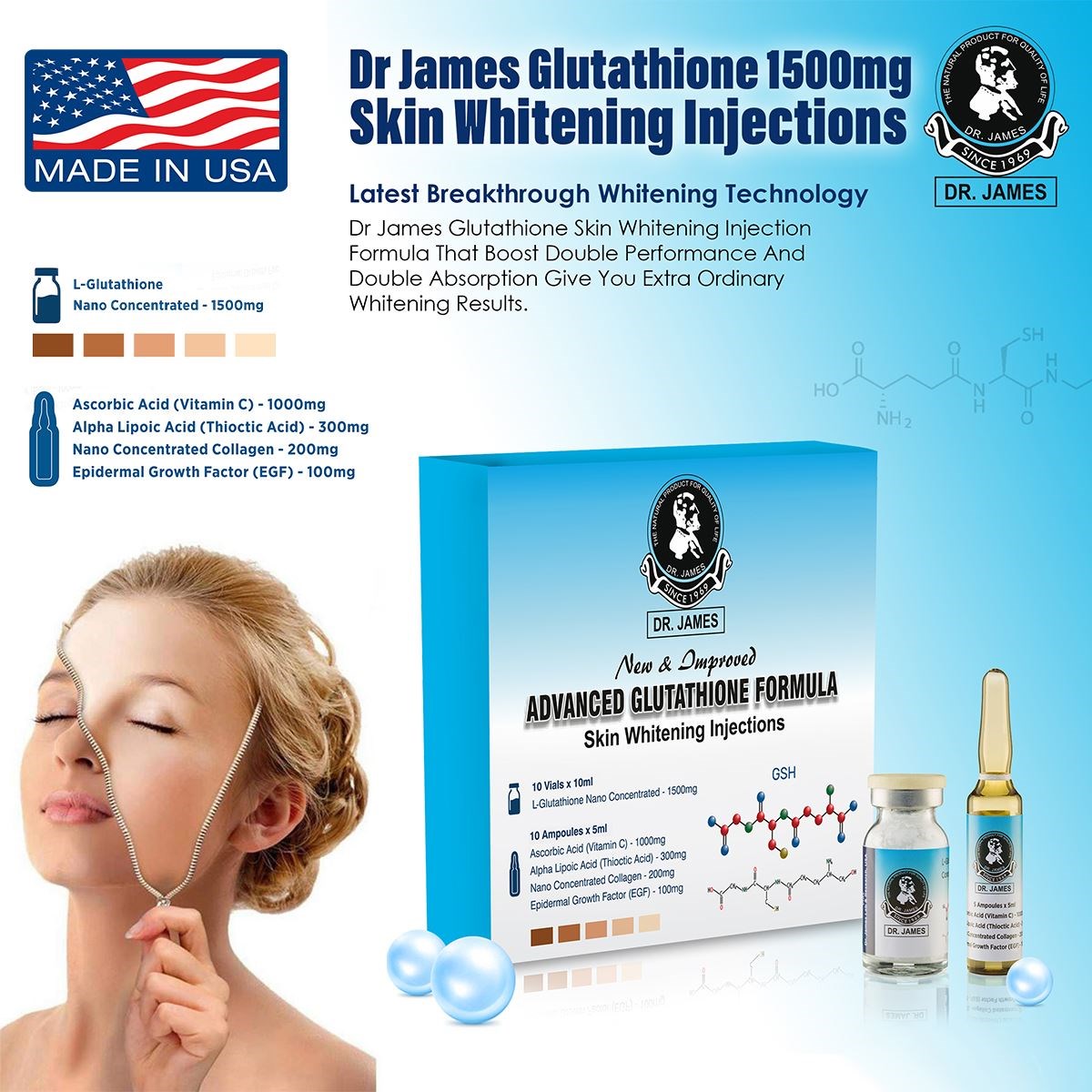 dr james glutathione 1500mg skin whitening injections